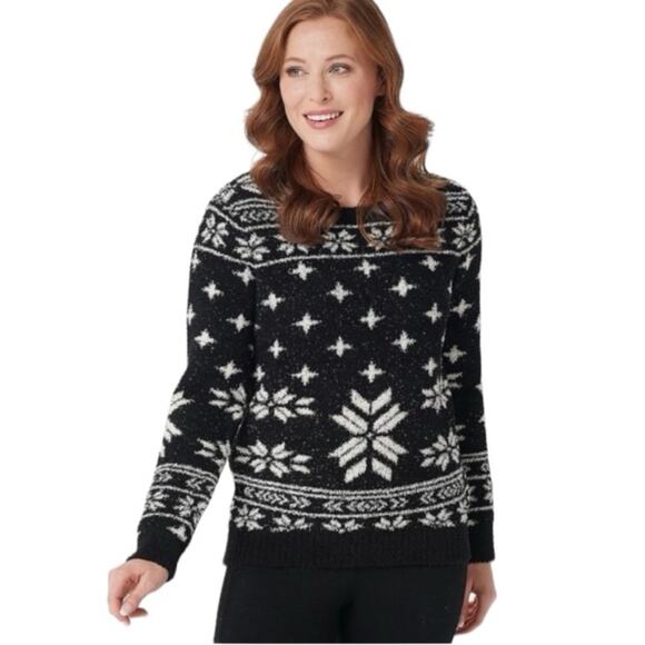 Barefoot Dreams CozyChic Seaside Pullover Black Fair Isle Crew Neck Size Large - Picture 1 of 13